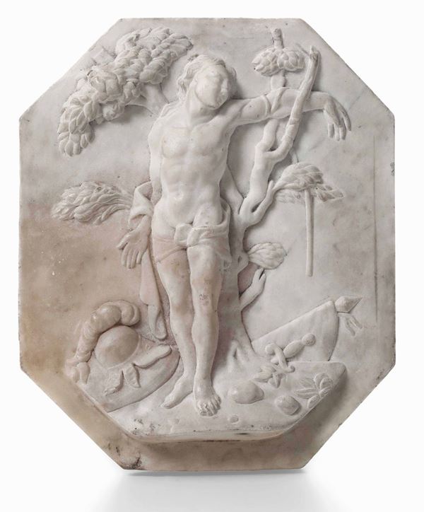 San Sebastiano. Rilievo in marmo bianco. Arte barocca del XVII secolo, ambito di Giusto Le Court (Ypres, 1627 – Venezia, 1679)