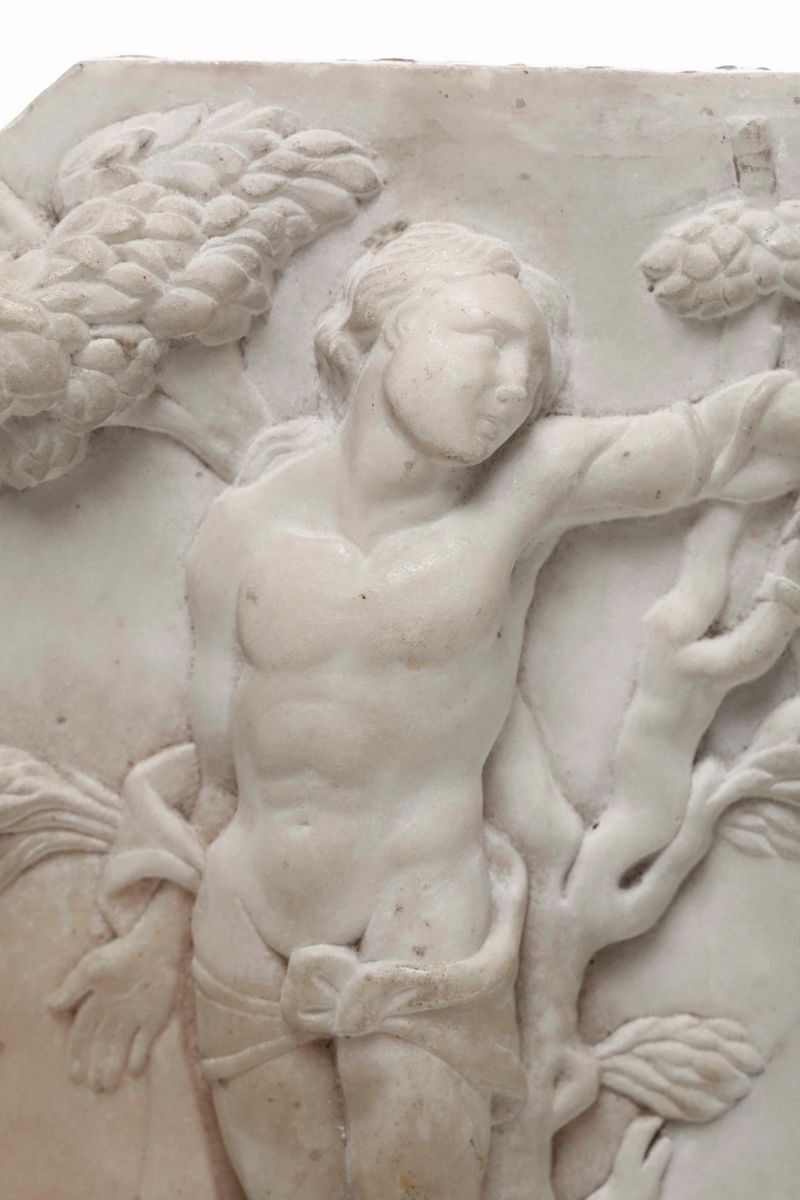 San Sebastiano. Rilievo in Marmo Bianco. Arte Barocca del XVII Secolo, Ambito di Giusto le Court ...