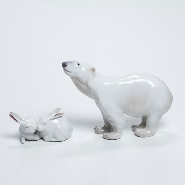 Due figurine raffiguranti un orso polare e una coppia di conigli Danimarca, Manifattura Bing & Grondhal & Manifattura Royal Copenhagen, 1980 circa
