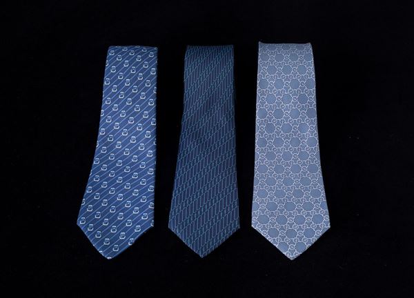 Lotto di 3 cravatte Vintage in seta Hermes fondo blu
