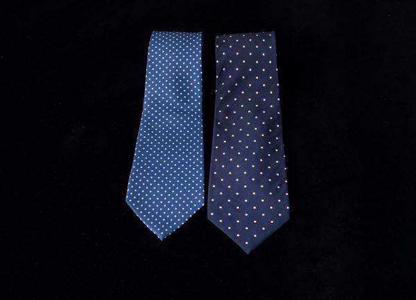 Lotto di 2 cravatte Vintage in seta a pois fondo blu/azzurro