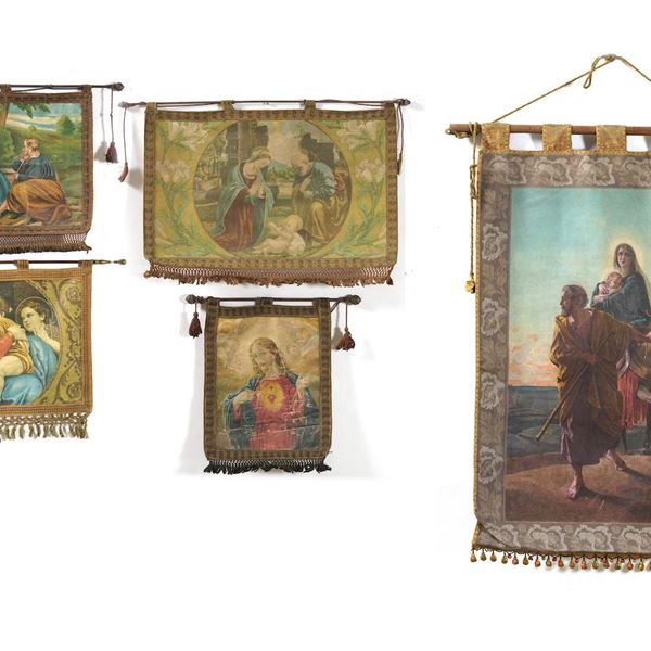 Serie di 5 rotoli con oleografie sacre