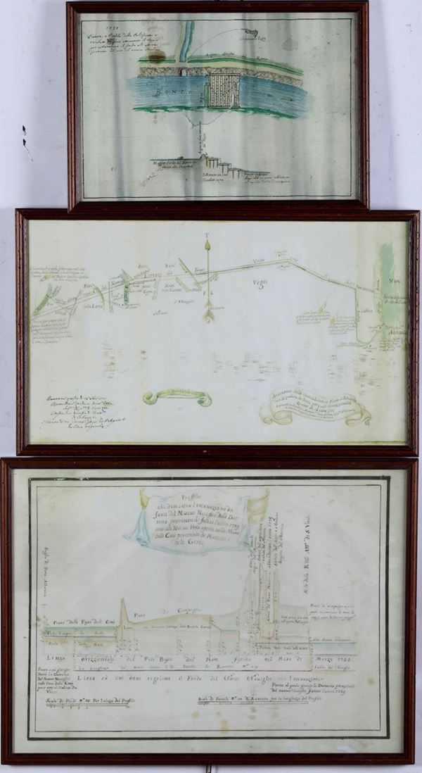 Lotto di tre disegni relativi a progetti di sistemazione idrogeologica in aree della provincia ravennate. Prima metà secolo XVIII