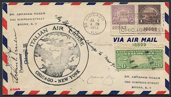 1933, Regno d'Italia, Posta Aerea, Volo di Ritorno della Crociera Nord Atlantica, busta da Chicago a New York del 18 luglio 1933.