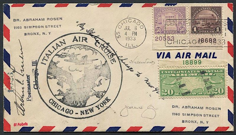 1933, Regno d'Italia, Posta Aerea, Volo di Ritorno della Crociera Nord Atlantica, busta da Chicago a New York del 18 luglio 1933.  - Auction Philately - Cambi Casa d'Aste