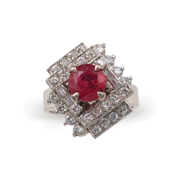 Ruby, diamond and low karat gold ring
