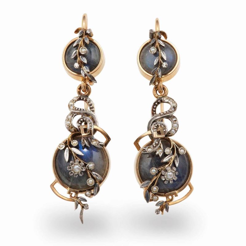 Pair of labradorite, gold and silver earrings  - Auction Jewels - Cambi Casa d'Aste