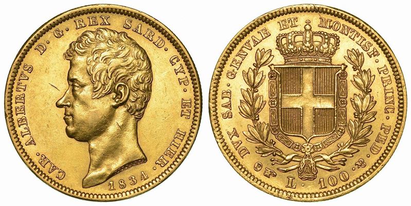 REGNO DI SARDEGNA. CARLO ALBERTO DI SAVOIA, 1831-1849. 100 Lire 1834. Torino.  - Auction Numismatics - Cambi Casa d'Aste