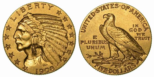 USA. REPUBLIC. 5 Dollars "Indian Head" 1908.