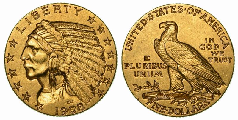 USA. REPUBLIC. 5 Dollars "Indian Head" 1908.  - Asta Numismatica - Cambi Casa d'Aste