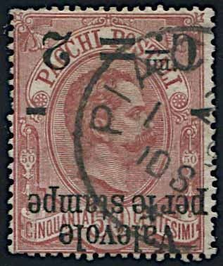 1890, Regno d’Italia, “Valevole per le stampe”, sovrastampa capovolta “2 cent.” su 50 cent.
