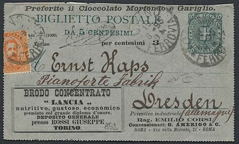1890, Regno d’Italia, Interi pubblicitari privati.  - Asta Filatelia e Storia Postale - Cambi Casa d'Aste