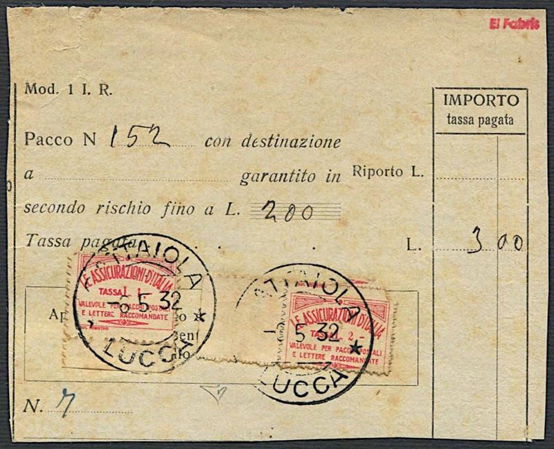 1926, Regno d’Italia, Francobolli Assicurativi.  - Asta Filatelia e Storia Postale - Cambi Casa d'Aste