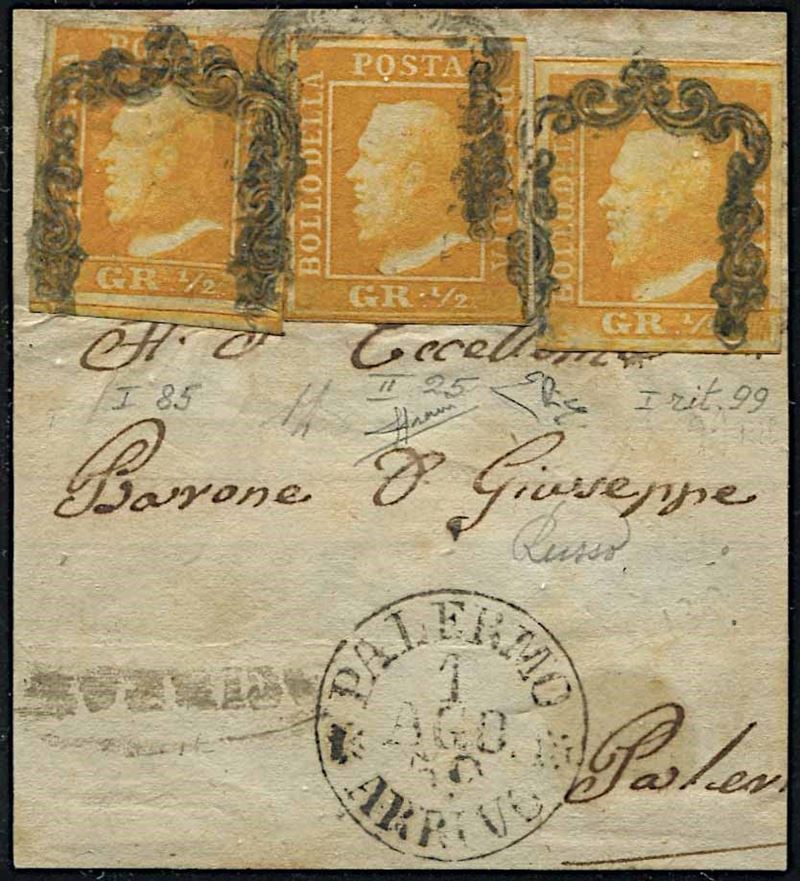 1859, Sicilia, frammento di lettera da Acireale per Palermo del 1° agosto 1859, affrancato con tre esemplari del 1/2 gr.  - Asta Filatelia e Storia Postale - Cambi Casa d'Aste
