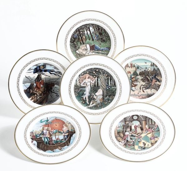 Sei piatti "The King Arthur Plates" Inghilterra, Manifattura Royal Worcester, XX secolo