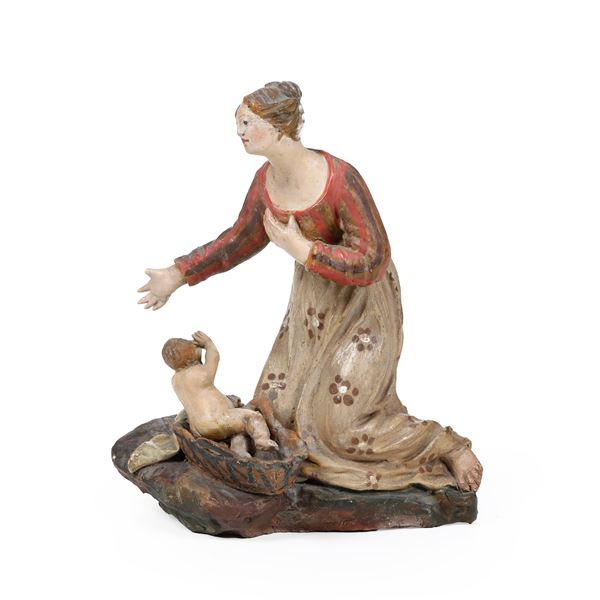 Figura femminile con bambino in terracotta dipinta