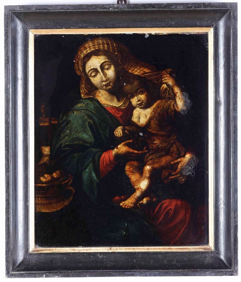 Scuola del XVIII secolo Madonna con Bambino  - olio su vetro - Asta Dipinti Antichi - Cambi Casa d'Aste