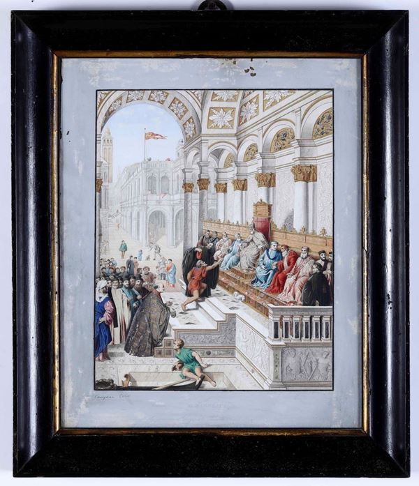 Stampa acquerellata raffigurante il Doge che amministra la giustizia, all'interno del Palazzo Ducale di Venezia. XIX secolo
