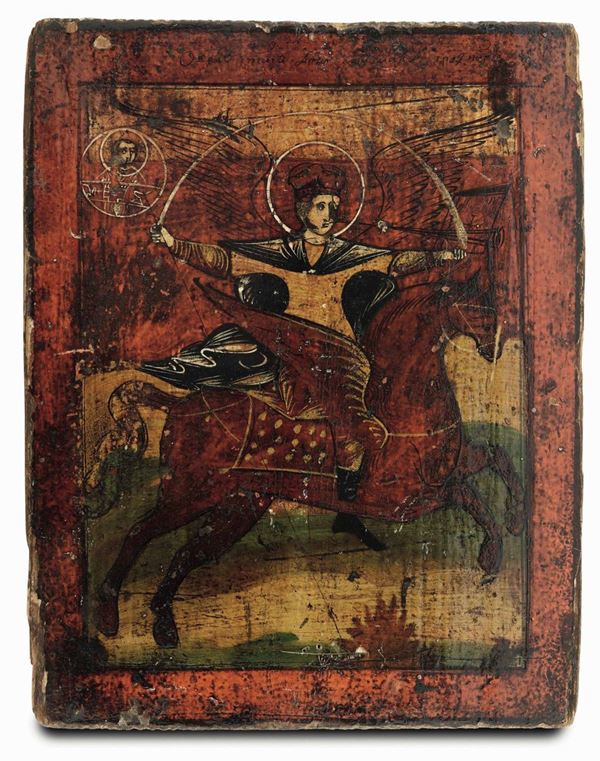 San Michele Arcangelo cavaliere dell’apocalisse. Icona su tavola. Scuola russa del XIX secolo