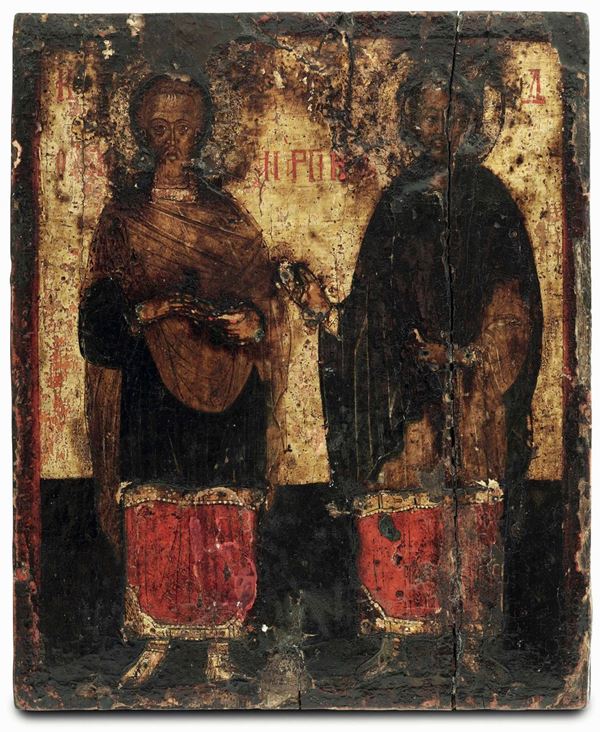 Due Santi. Icona olio su tavola a fondo oro. Scuola russa del XVIII secolo