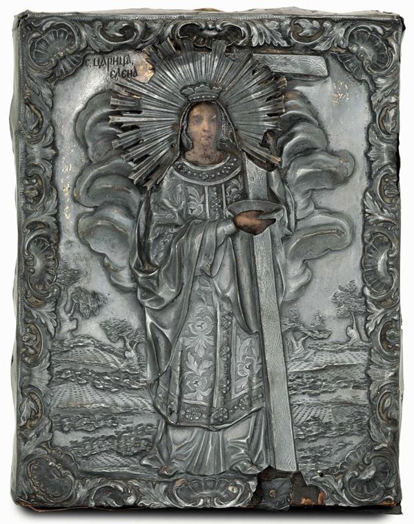 Sant’Orsola (?). Icona ad olio su tavola. Riza in argento sbalzato. San Pietroburgo 1846, assaggiatore D. Tuerskoy, argentiere non identificato