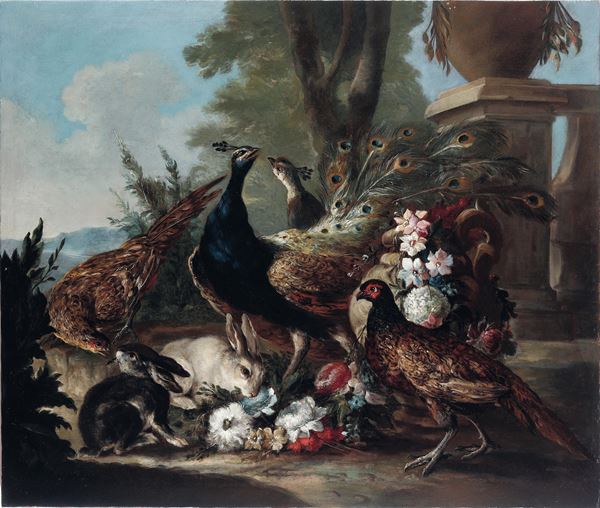Giovanni Jacopo Crivelli detto il Crivellino - Veduta di giardino con pavoni, fagiano e coniglietti