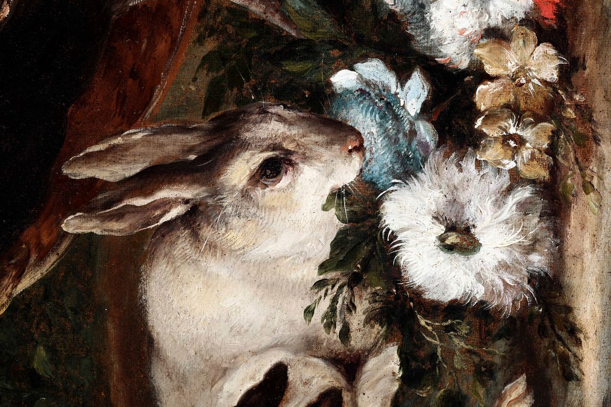 Giovanni Jacopo Crivelli Detto il Crivellino - Veduta di Giardino con Pavoni, Fagiano e Conigliet...