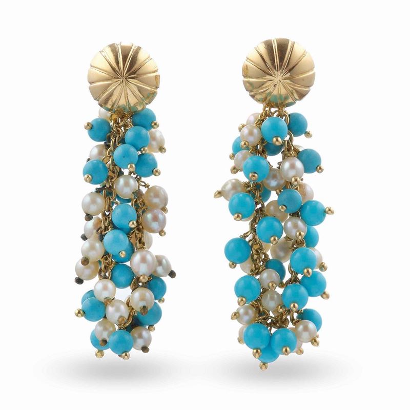 Pair of turquoise colored paste and cultured pearl earrings  - Auction Jewels - Cambi Casa d'Aste