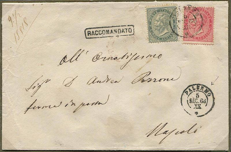 1863, Regno d’Italia, raccomandata da Palermo per Napoli del 5 dicembre 1863.  - Asta Filatelia e Storia Postale - Cambi Casa d'Aste