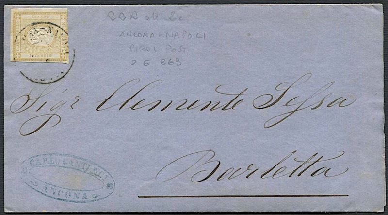 1862, Regno d’Italia, 2 cent. bistro per stampati (S. 10) corto in basso.  - Asta Filatelia e Storia Postale - Cambi Casa d'Aste