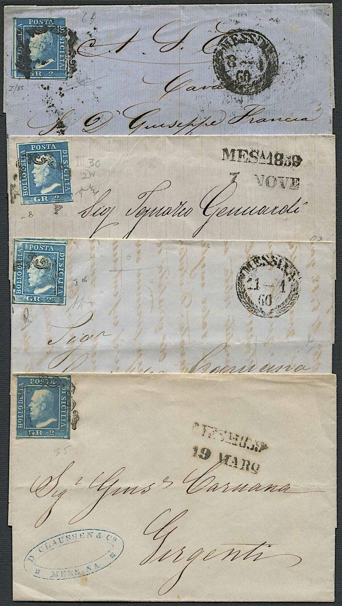 1859, Sicilia, quattro lettere da Messina ognuno affrancata con 2 gr.  - Auction Philately - Cambi Casa d'Aste