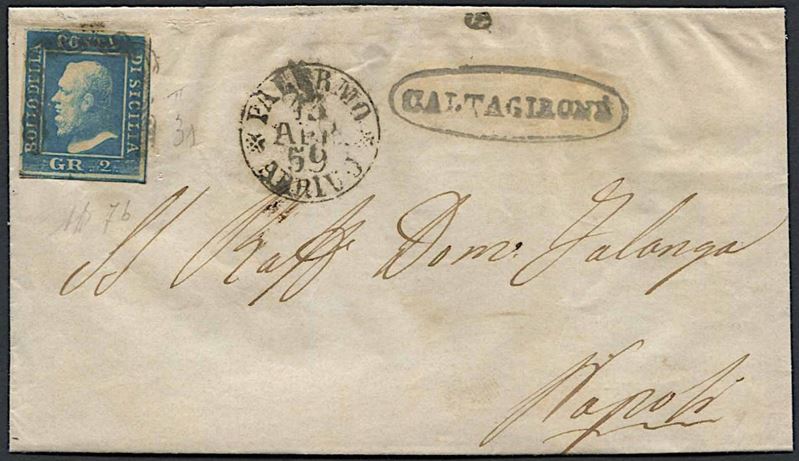 1859, Sicilia, gran parte di lettera da Caltagirone per Napoli del 13 aprile 1859.  - Auction Philately - Cambi Casa d'Aste