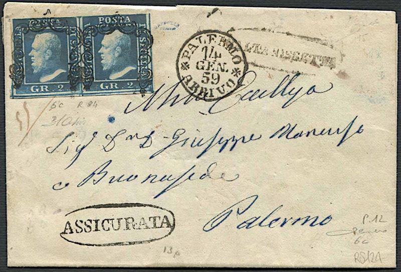 1859, Sicilia, assicurata da Caltanissetta per Palermo del 14 gennaio 1859.  - Auction Philately - Cambi Casa d'Aste