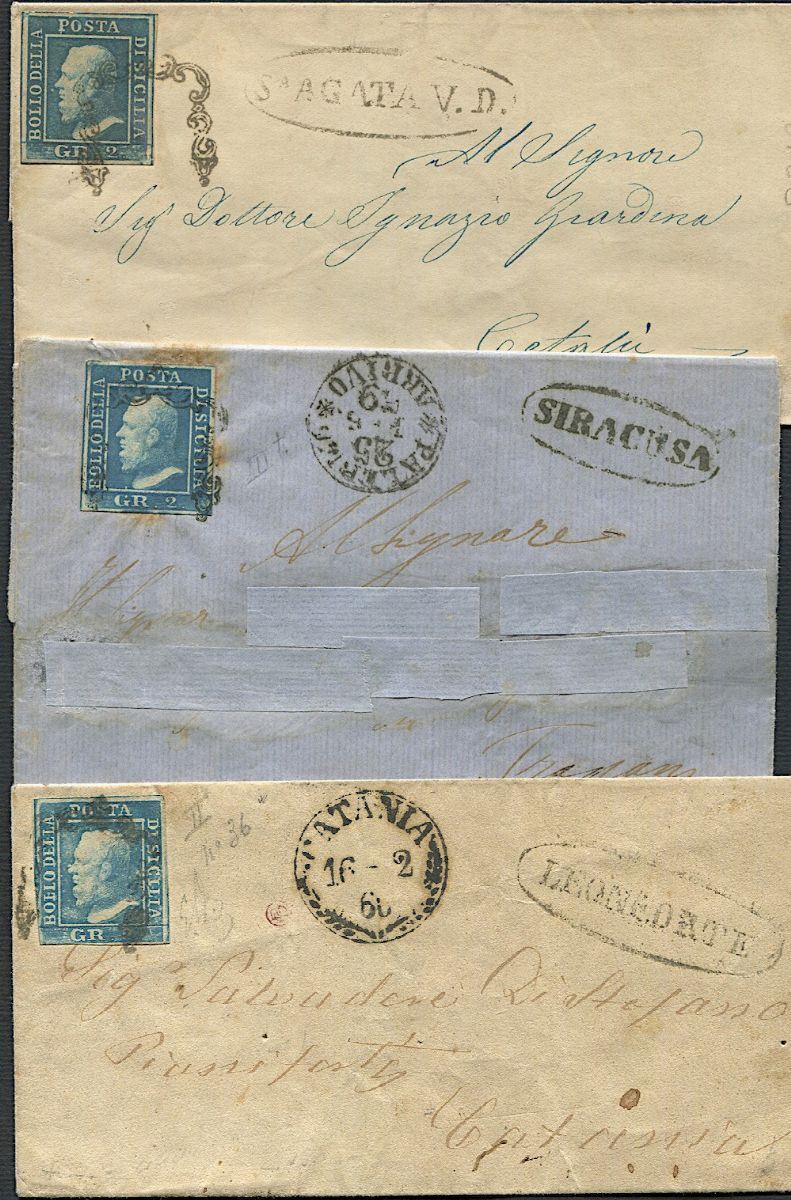 1859, Sicilia, tre lettere: da Leonforte, Siracusa e S. Agata V.D.  - Asta Filatelia e Storia Postale - Cambi Casa d'Aste