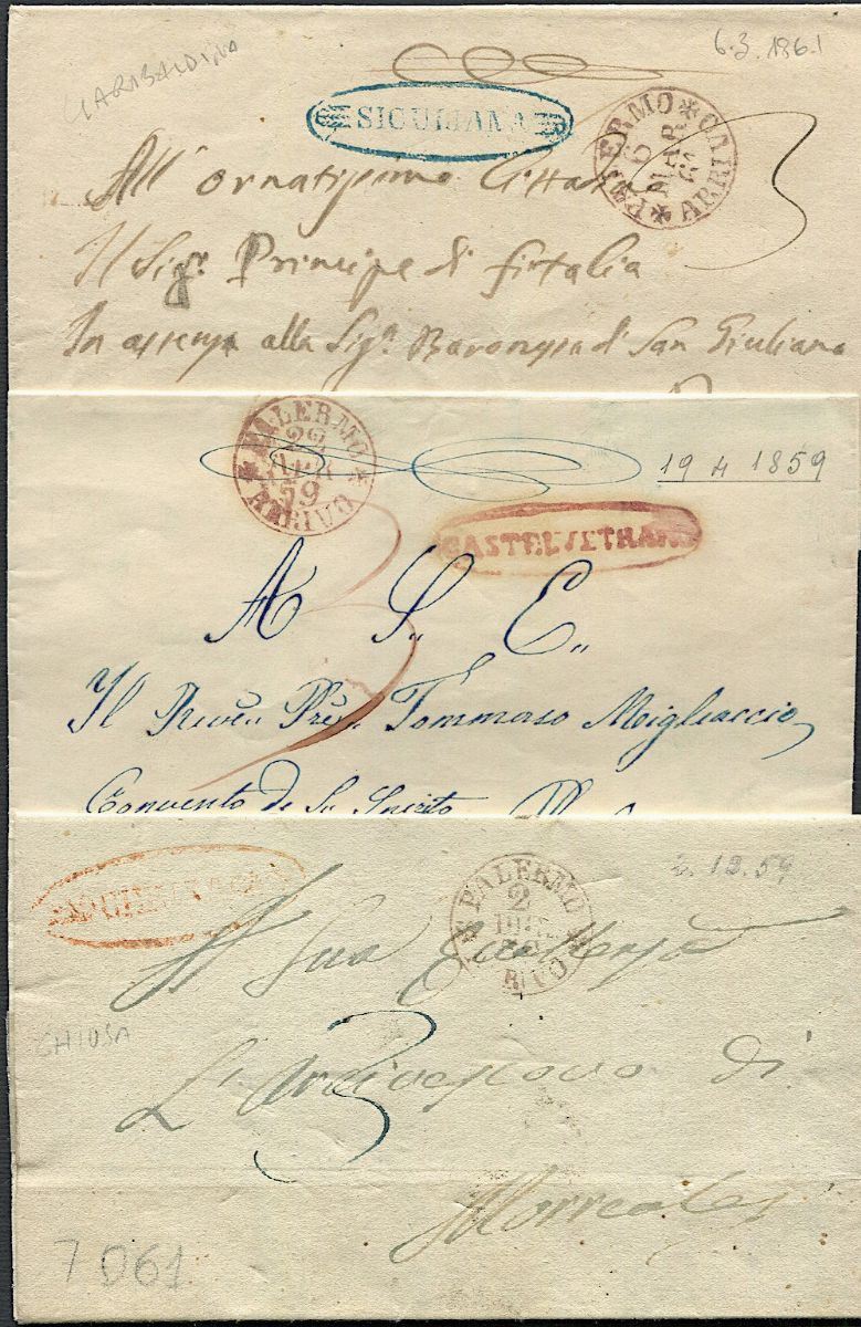 1859/1861, Sicilia, tre lettere “schiave”.  - Asta Filatelia e Storia Postale - Cambi Casa d'Aste