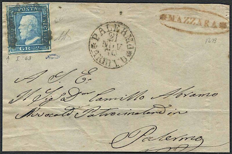 1859, Sicilia, frontespizio di lettera da Mazara per Palermo del 2 novembre 1859.  - Asta Filatelia e Storia Postale - Cambi Casa d'Aste
