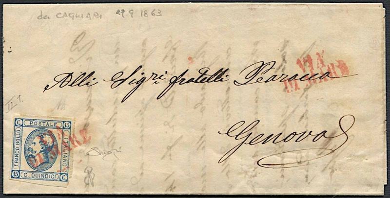 1863, Regno d’Italia, lettera da Cagliari per Genova del 1 ottobre 1863.  - Asta Filatelia e Storia Postale - Cambi Casa d'Aste