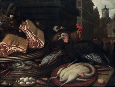 Scuola del XVIII Secolo Banco di Mercato con Carni e Animali da Cortile