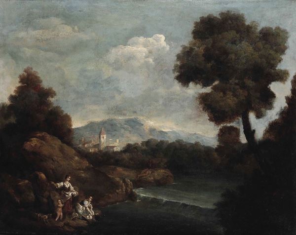 Scuola veneta del XVIII secolo Paesaggio con lavandaie