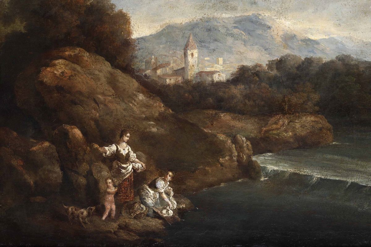 Scuola Veneta del XVIII Secolo Paesaggio con Lavandaie