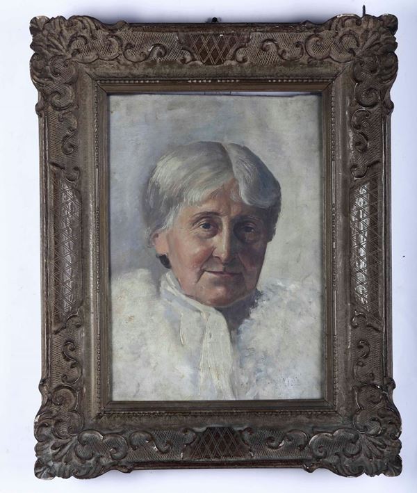 Pittore del XX secolo Volto di anziana signora con capelli bianchi e boccoli alla nuca