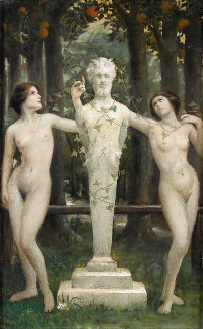 Pittore del XIX Secolo Due Nudi Femminili con Erma di Satiro