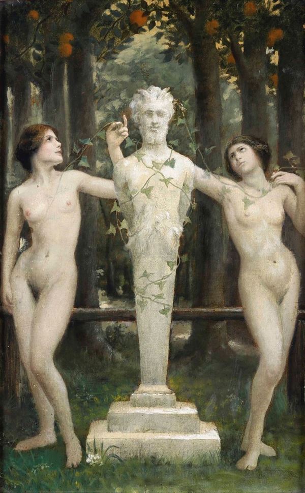 Pittore del XIX secolo Due nudi femminili con erma di satiro