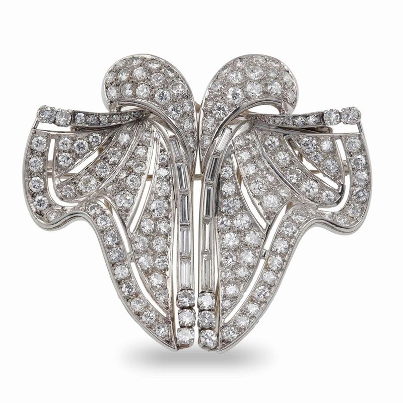 Diamond and platinum double clip brooch  - Auction Fine and Coral Jewels - Cambi Casa d'Aste