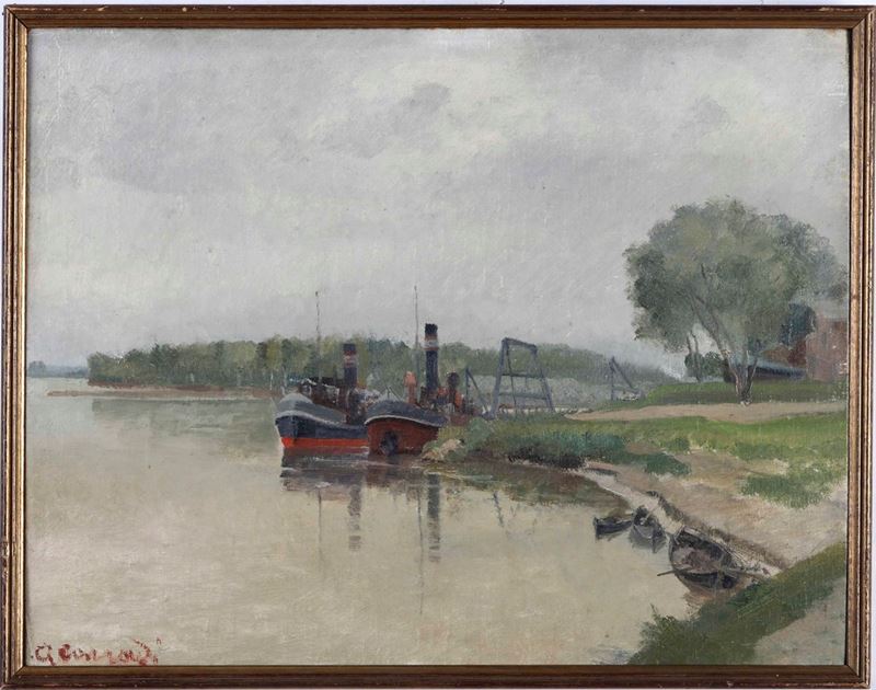 Alfonso Corradi : Paesaggio con nave  - Olio su cartone telato - Asta Dipinti del XIX e XX secolo | Cambi Time - Cambi Casa d'Aste