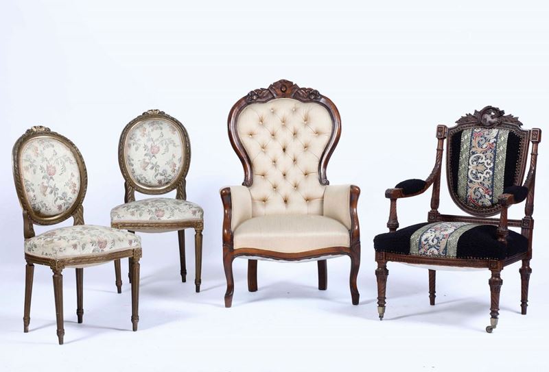 Due poltrone diverse e una coppia di sedie in stile  - Auction Antique October | Cambi Time - Cambi Casa d'Aste