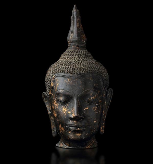 Testa di Buddha in bronzo con tracce di doratura, Thailandia, XVIII secolo