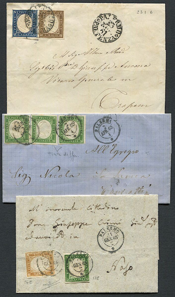 1861/1863, tre lettere affrancate con francobolli di Sardegna.  - Asta Filatelia e Storia Postale - Cambi Casa d'Aste