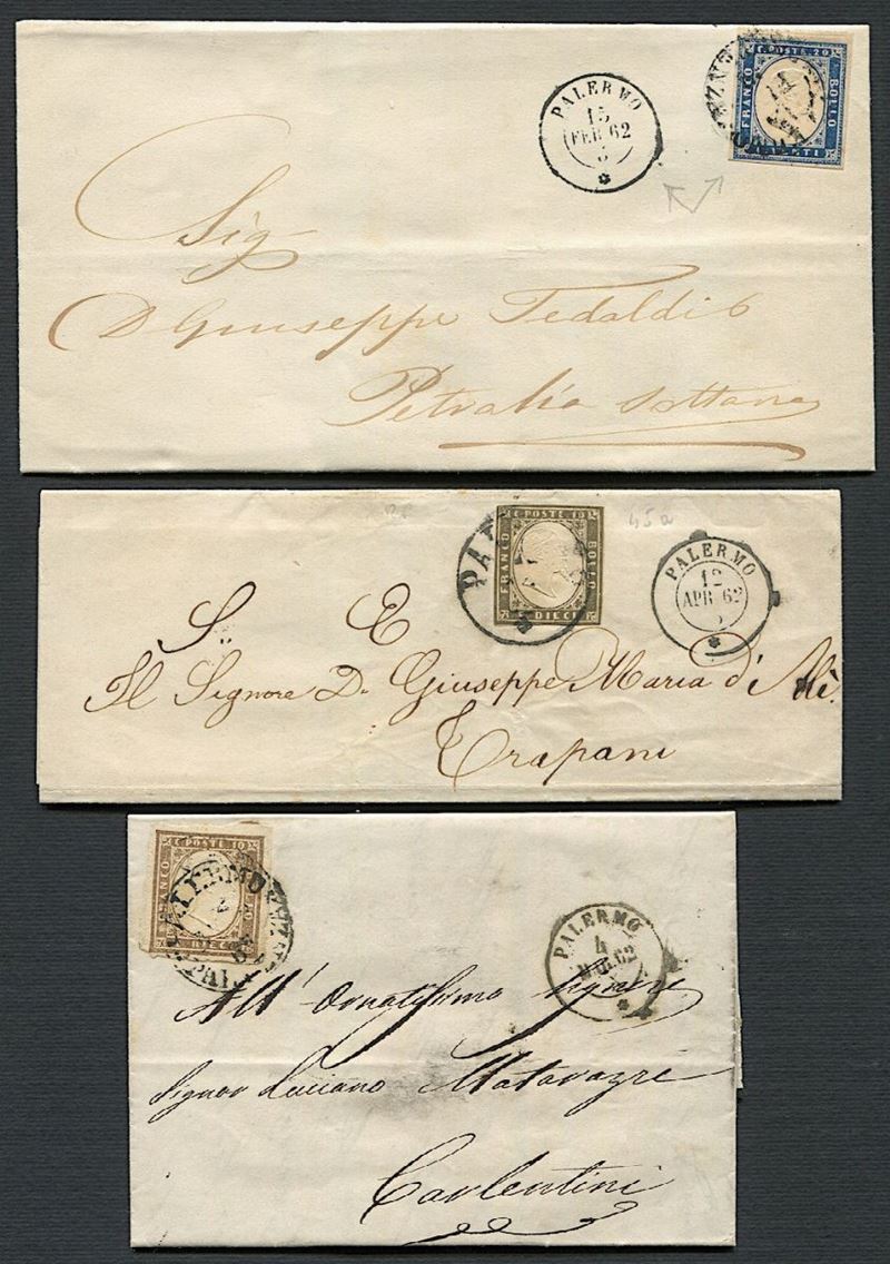 1862, due lettere affrancate con 10 cent. di Sardegna e una con 20 cent.  - Asta Filatelia e Storia Postale - Cambi Casa d'Aste