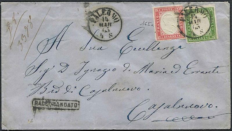 1863, Regno d’Italia, raccomandata da Palermo per Casalnuovo (Na) del 14 marzo 1863.  - Auction Philately - Cambi Casa d'Aste